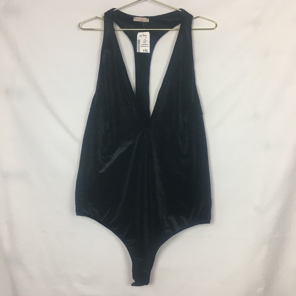 Tops - Black Velvet plus size body suit with deep plunge